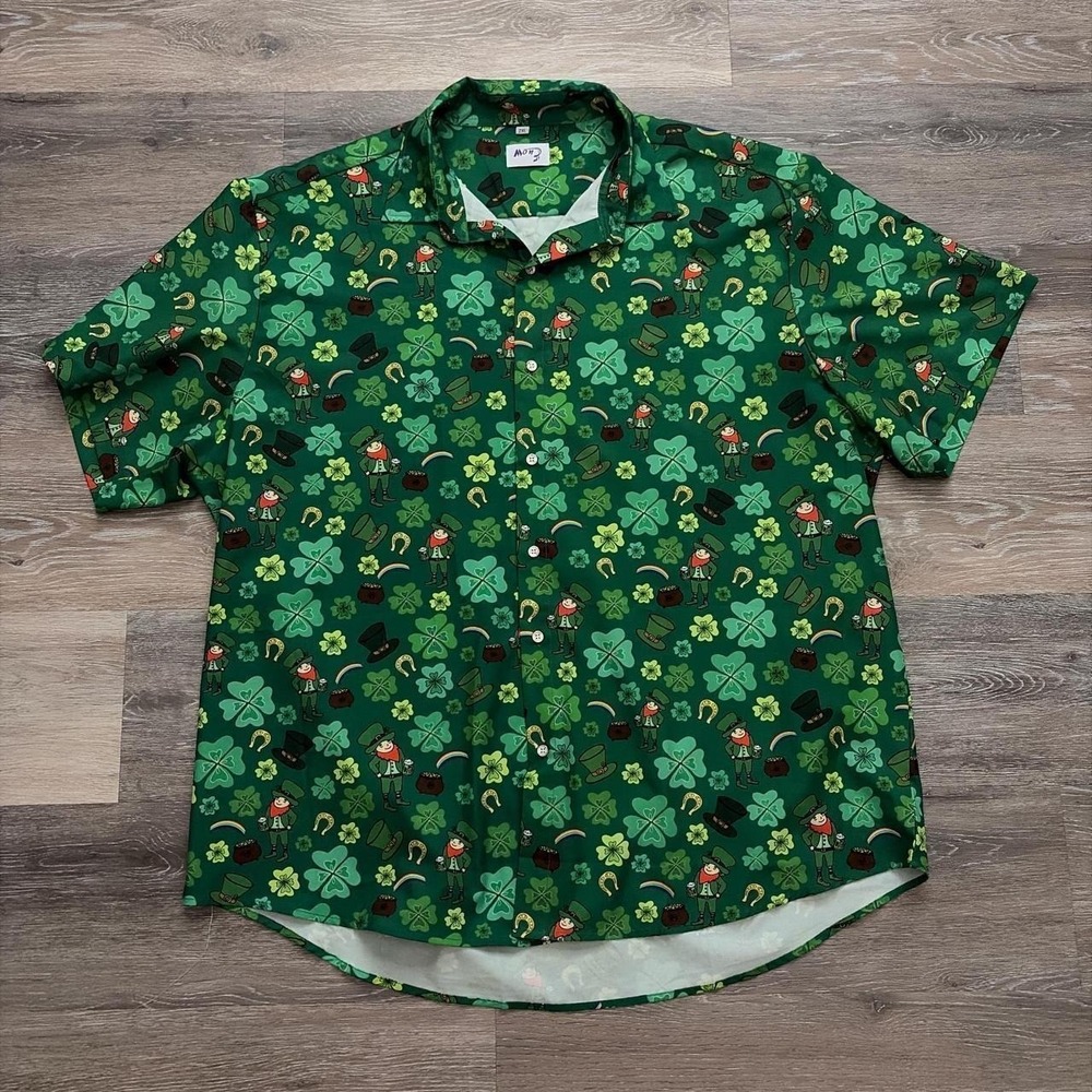 Mens St Patricks Day Leprechaun Shamrock Button Down Shirt Green 2XL